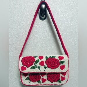 Embroidered Red Rose Shoulder Bag